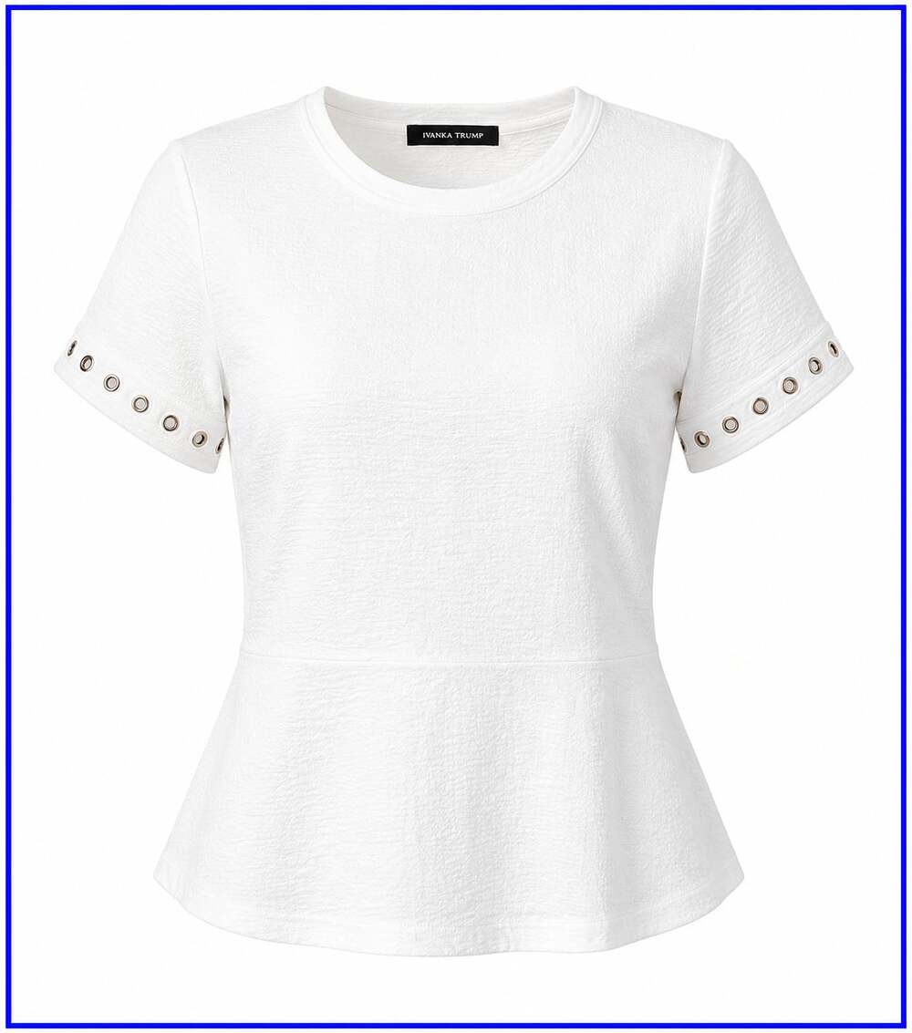 Ivanka Trump White Textured Short Sleeve Peplum Top with Eyelet Detail